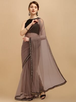 Sangria Taupe Embellished Sequinned Net Saree