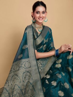 Sangria Teal Blue Ethnic Motifs Woven Design Zari Organza Saree