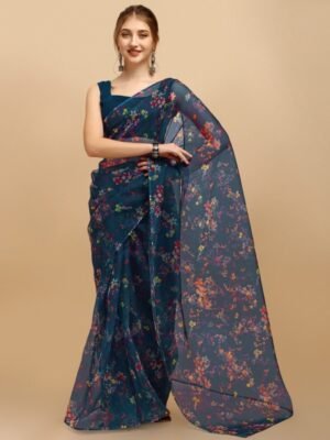 Sangria Teal Blue & Orange Floral Organza Saree