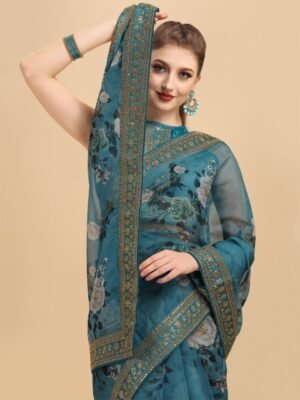 Sangria Teal & White Floral Embroidered Organza Saree