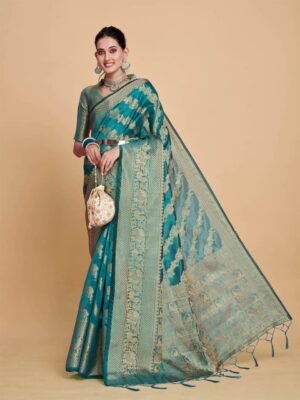 Sangria Turquoise Blue Ethnic Motif Woven Design Zari Organza Saree