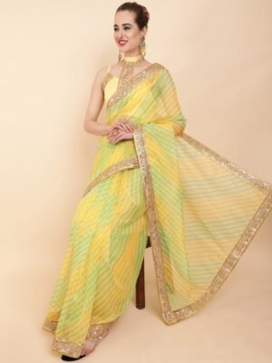 Sangria Yellow & Green Leheriya Printed Sequinned Organza Saree