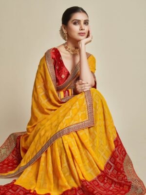 Sangria Yellow & Red Bandhani Saree