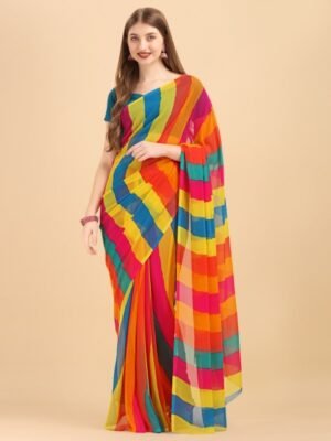 Sangria Yellow & Turquoise Blue Colourblocked Pure Chiffon Saree