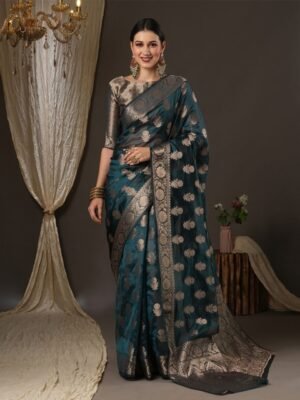 Saree mall Teal Blue & Gold-Toned Woven Design Zari Organza Bagh Sarees