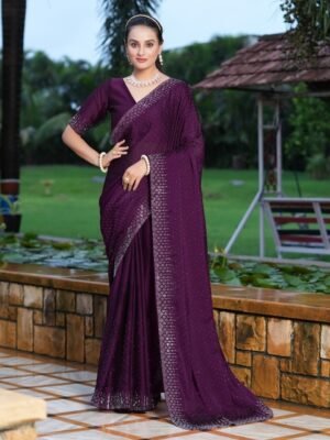 Satrani Burgundy & Silver-Toned Embellished Beads & Stones Detail Saree