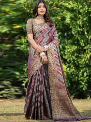 Satrani Printed Jacquard Zari Organza Leheriya Saree