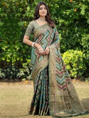 Satrani Printed Jacquard Zari Organza Leheriya Saree