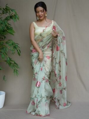 SIDYAL Floral Printed Sequinned Organza Bhagalpuri Saree