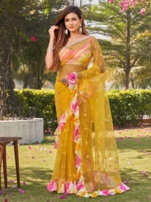 Tikhi Imli Yellow Embellished Mirror Work Net Ruffle Saree