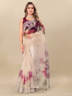 V3 FASHION STUDIO Floral Printed Organza Saree