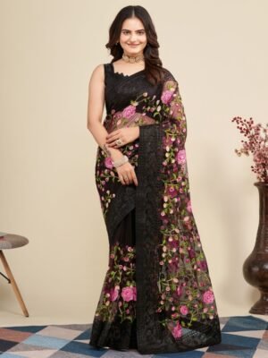 VAIRAGEE Black & Pink Floral Embroidered Net Saree