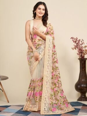 VAIRAGEE Floral Embroidered Net Saree