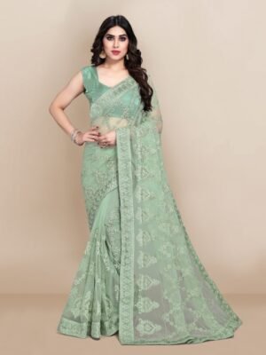 VAIRAGEE Green Ethnic Motifs Embroidered Net Saree