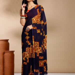 Anouk Rustic Navy Blue Geometric Printed Pure Georgette Saree