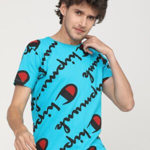 LOCOMOTIVE Men Blue & Black Printed Slim Fit Cotton T-shirt