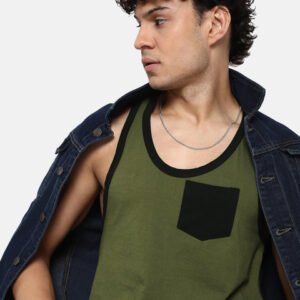 Roadster Men Olive Green & Black Solid Scoop Neck Racerback T-shirt