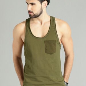 Roadster Time Travlr Men Olive Green Sleveless Pure Cotton T-shirt with Raw Edges