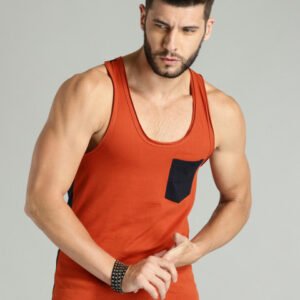 Roadster Time Travlr Men Rust Orange Sleveless T-shirt with Raw Edges